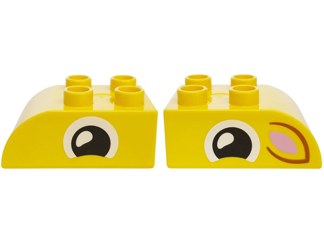 Duplo, Brick 2 x 3 Slope Curved with Black and White Eye, Dark Orange Ear with Bright Pink Auricle Pattern on Opposite Sides Model Left Side