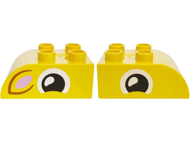 Duplo, Brick 2 x 3 Slope Curved with Black and White Eye, Dark Orange Ear with Bright Pink Auricle Pattern on Opposite Sides Model Right Side