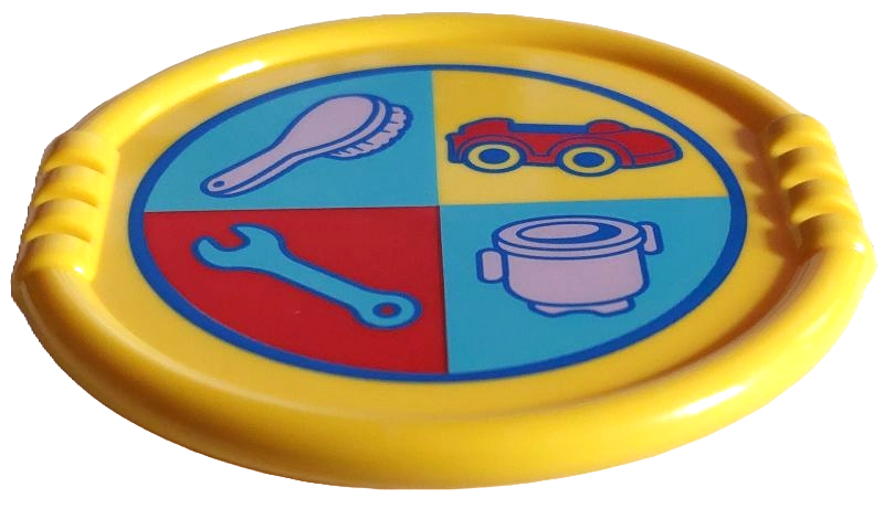 Duplo Utensil Disk with Blue Circle, Lavender Brush and Kettle, Red Car and Medium Azure Wrench in Quarter Circles Pattern