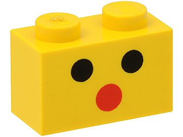 Lego Brick 1 x 2 with Black Dot Eyes and Red Dot Mouth Face Pattern
