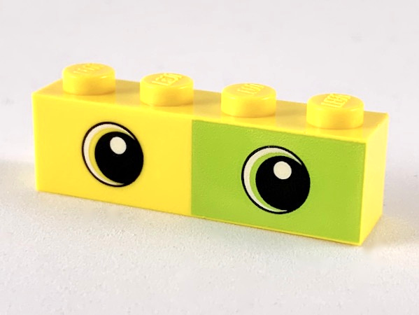 Brick 1 x 4 with Lime Rectangle Half and Two Eyes Pattern