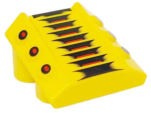 Brick, Modified 2 x 2 No Studs, Sloped with 6 Side Pistons Raised with Red and Black Lines and Dots Pattern