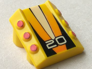 Brick, Modified 2 x 2 No Studs, Sloped with 6 Side Pistons Raised with White '20' on Black and Orange Stripes Pattern