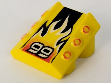 Brick, Modified 2 x 2 No Studs, Sloped with 6 Side Pistons Raised with Stylized White '99' and Flames on Black Stripe Pattern