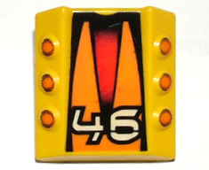 Brick, Modified 2 x 2 No Studs, Sloped with 6 Side Pistons Raised with White '46' on Orange, Black and Red Background Pattern