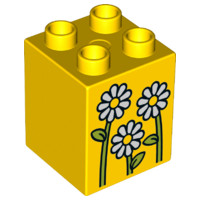 Duplo, Brick 2 x 2 x 2 with 3 Flowers White Daisies Pattern