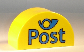 Duplo, Brick 2 x 4 x 2 Slope Curved Double with Blue 'Post' and Horn Pattern