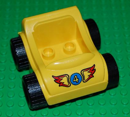 Duplo Car with Molded Pearl Light Gray Wheels and Black Treaded Tires with Number 4 in Blue Circle, Red Flames Pattern