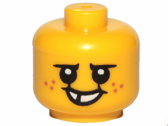 Minifigure, Baby / Toddler Head with Neck with Black Eyes, White Pupils, Dark Orange Freckles, and Open Mouth Smile with Missing Tooth Pattern