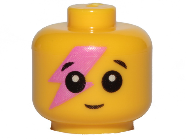 Minifigure, Baby / Toddler Head with Neck with Black Eyes, White Pupils, Smile, and Dark Pink Lightning Bolt Pattern