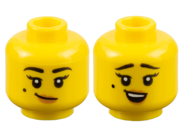 Lego Minifigure, Head Dual Sided Female Black Eyebrows and Beauty Mark, Medium Nougat Lips, Lopsided Grin / Surprised Pattern - Hollow Stud