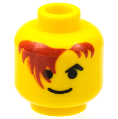 Minifigure, Head Black Angled Eyebrow, Dark Red Hair Hanging over Right Eye, Standard Grin Pattern