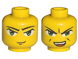 Minifigure, Head Dual Sided Exo-Force Green Eyes with Smirk / Open Mouth Angry Pattern (Ha-Ya-To)