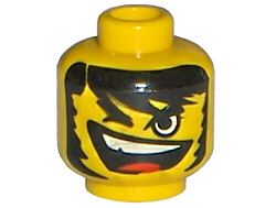 Minifigure, Head Black Bushy Eyebrows, Hair, and Mutton Chops, Wink, Lopsided Open Mouth Smile with Top Teeth and Red Tongue Pattern