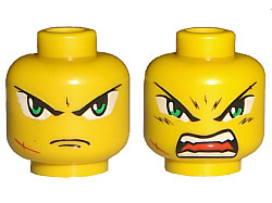 Minifigure, Head Dual Sided Exo-Force Green Eyes with Frown and Scar / Open Mouth Pattern (Takeshi)