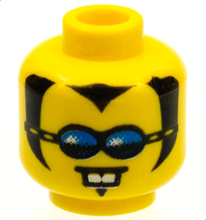 Minifigure, Head Black Widow's Peak, Sideburns and Soul Patch, Sunglasses with Blue Lenses, Neutral with White Buck Teeth Pattern