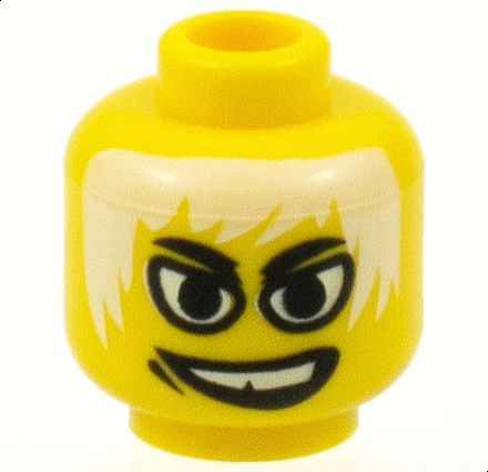 Minifigure, Head Black Eyebrows, Large Eyes, Messy White Hair, Wide Lopsided Open Mouth Smile with Top Teeth and Gap Pattern