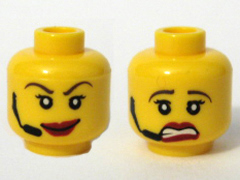 Minifigure, Head Dual Sided Female Red Lips, Headset, Scared / Smile Pattern