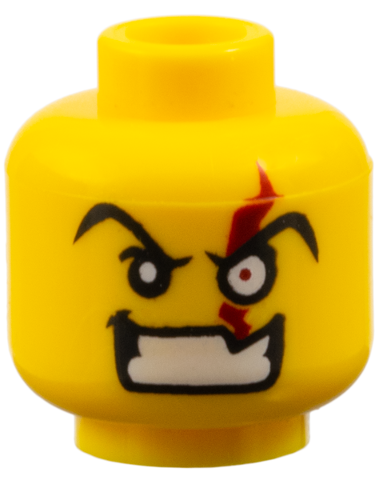 Minifigure, Head Male Angry Eyebrows and White Left Eye with Red Scar, Evil Grin with Teeth Pattern