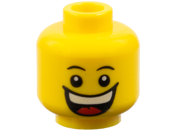 Minifigure, Head Male Black Thin Eyebrows, White Pupils, Huge Smile with Teeth and Tongue Pattern