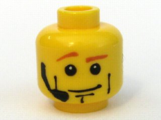 Minifigure, Head Male Dark Orange Eyebrows, White Pupils, Vertical Cheek Lines, Headset Pattern