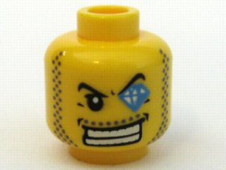 Minifigure, Head Male Arched Eyebrow, White Teeth, Course Stubble, Jewel over Left Eye Pattern
