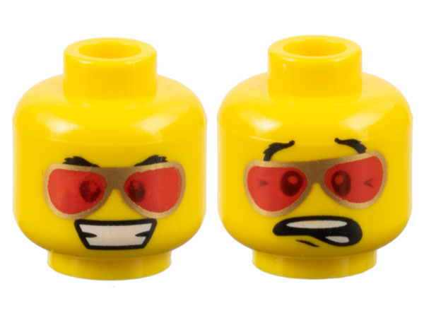 Minifigure, Head Dual Sided Gold Glasses with Red Lenses, Grin / Scared Pattern