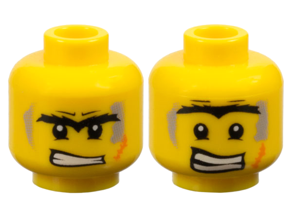 Minifigure, Head Dual Sided Black Bushy Unibrow, Lower Eyelids, Light Bluish Gray Dirt Stains, Orange Scar, Angry Bared Teeth / Scared Pattern