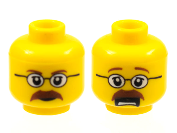 Minifigure, Head Dual Sided Glasses, Brown Eyebrows and Moustache Closed Mouth / Open Mouth Scared Pattern