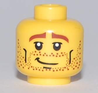 Minifigure, Head Male Brown Stubble, Brown Eyebrows, Crooked Smile and Cheek Lines Pattern