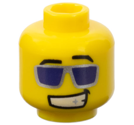 Minifigure, Head Black Angled Eyebrows, Silver Sunglasses with Dark Purple Lenses, Lopsided Open Mouth Smile with Teeth and Sparkle Pattern