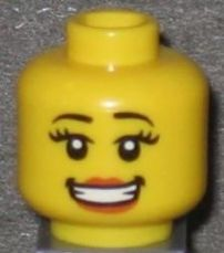 Minifigure, Head Female with Black Eyebrows, Large Eyelashes, Dark Orange Lips, Open Mouth Smile with Teeth and Dimples Pattern