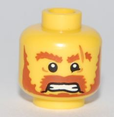 Minifigure, Head Male Brown Beard, Brown Eyebrows, Scar Across Left Eyebrow, Open Angry Mouth, White Pupils Pattern