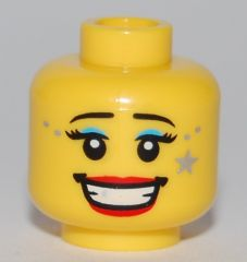 Minifigure, Head Female with Thin Eyebrows, Eyelashes, Light Blue Eye Shadow, Open Mouth Smile Teeth, Red Lips, Gray Star Pattern