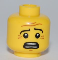 Minifigure, Head Black Eyebrows, White Pupils, Wrinkles, Scared Look, Open Mouth with Teeth Pattern