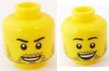 Minifigure, Head Dual Sided Black Eyebrows, Dark Bluish Gray Beard Stubble, Open Mouth Smile with Full Teeth / Top Teeth Pattern