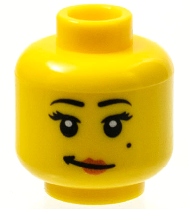 Minifigure, Head Female Black Eyebrows, Eyelashes and Beauty Mark, Red Lips, Lopsided Grin Pattern