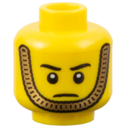 Minifigure, Head Black Eyebrows, Gold Chain Chin Strap, Angry Frown Pattern