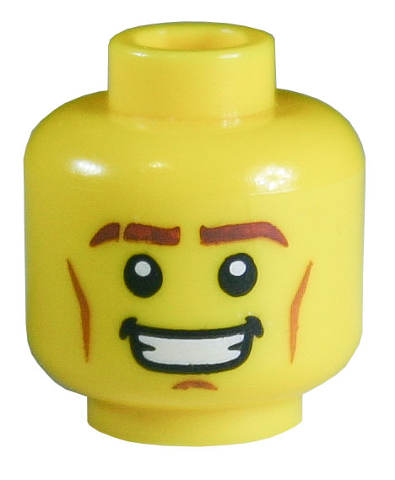 Minifigure, Head Reddish Brown Eyebrows with Scar, Medium Nougat Cheek Lines and Chin Dimple, Open Mouth Smile with Teeth Pattern