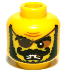 Minifigure, Head Black Bushy Eyebrows, Curled Moustache and Beard, Dark Brown Eye Patch, Nougat Eye Shadow, Furrowed Brow, Open Mouth Scowl with Teeth, Gold Tooth and Missing Tooth Pattern