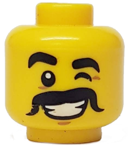 Minifigure, Head Male Thick Black Eyebrows and Moustache, Wink, Smile with White Teeth Pattern