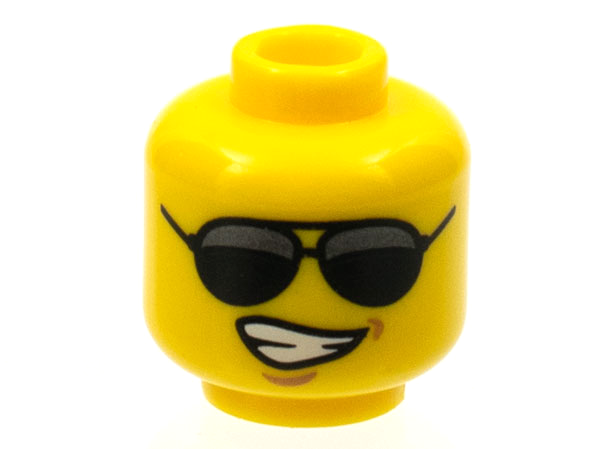 Minifigure, Head Glasses with Black Sunglasses Large and Lopsided Smile Wide with Teeth Pattern