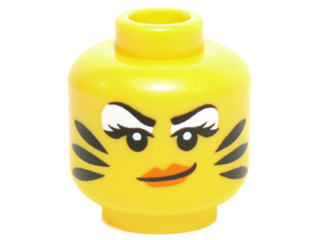 Minifigure, Head Female White Eye Shadow, Orange Lips and Black Tiger Stripes Pattern