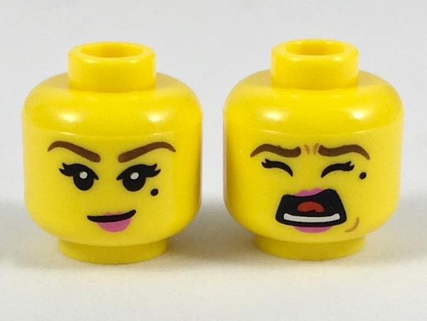 Minifigure, Head Dual Sided Female, Brown Eyebrows, Black Beauty Mark, Smile / Screaming Pattern