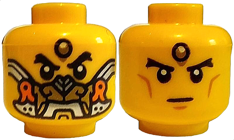Minifigure, Head Dual Sided Black Thick Eyebrows, Forehead Jewel, Gold, Orange and Silver Mask / Stern with Medium Nougat Cheek Lines and Chin Dimple Pattern