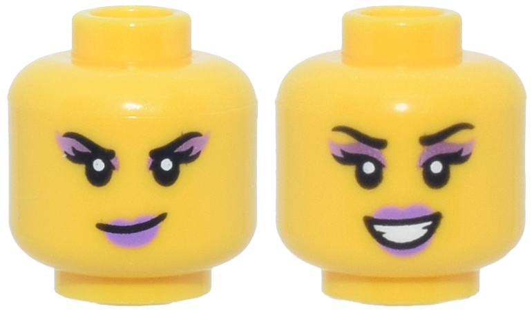 Minifigure, Head Dual Sided Female Black Eyebrows and Eyelashes, Metallic Pink Eye Shadow, Medium Lavender Lips, Smirk / Open Mouth Smile with Teeth Pattern