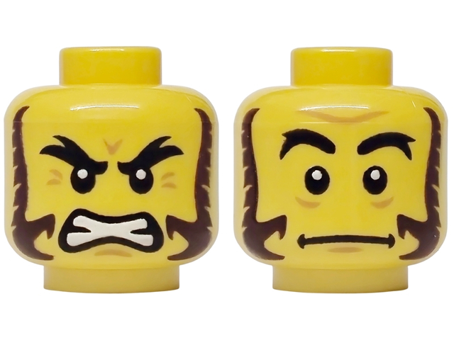 Yellow minifigure head with bushy black eyebrows and dark brown mutton chops, showing an angry expression and a neutral face.