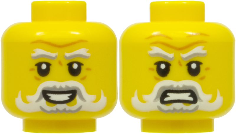 Yellow minifigure head with a white beard and moustache, featuring a smiling open mouth on one side and a grimace on the other.
