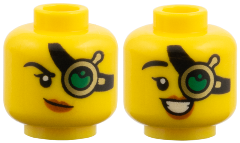 Yellow dual-sided female head with a gold eyepiece over one eye, dark orange lips, and expressions of a lopsided grin and an open smile.
