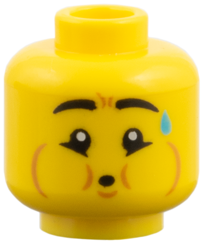 Yellow minifigure head with black eyebrows, a blue sweat drop, and puffed cheeks with a puckered mouth.